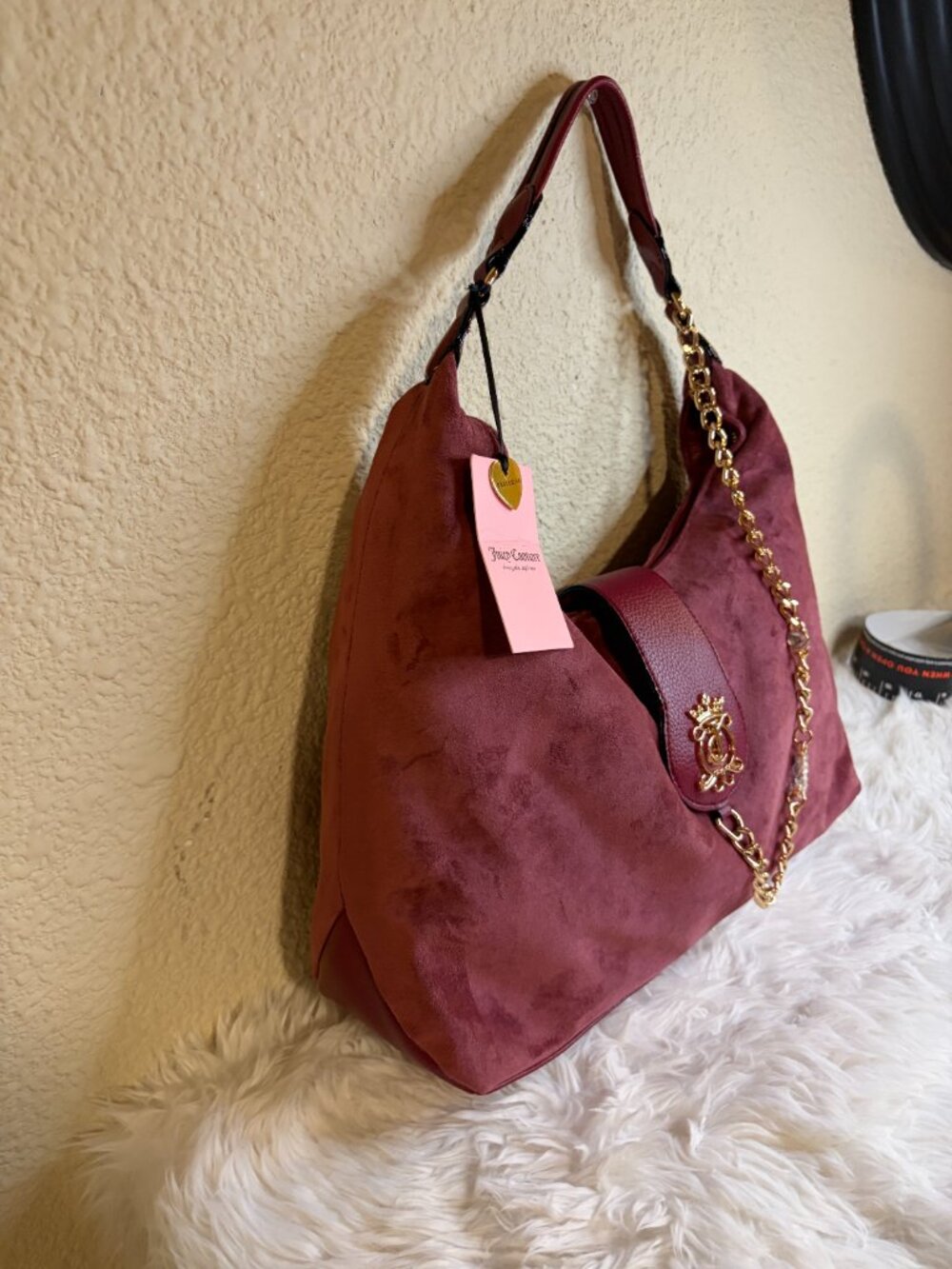 Juicy Couture Royal Crest Hobo Bag Cranberry Juice Velour Chain NWT - Picture 3 of 8